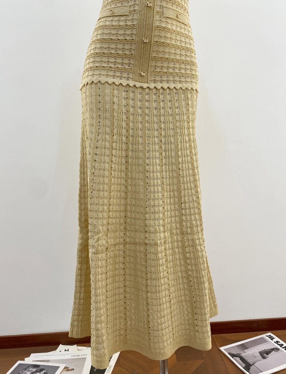 🟡Sandro Yellow Textured Knit Midi Dress Button Front Faux Pockets - Picture 11 of 12